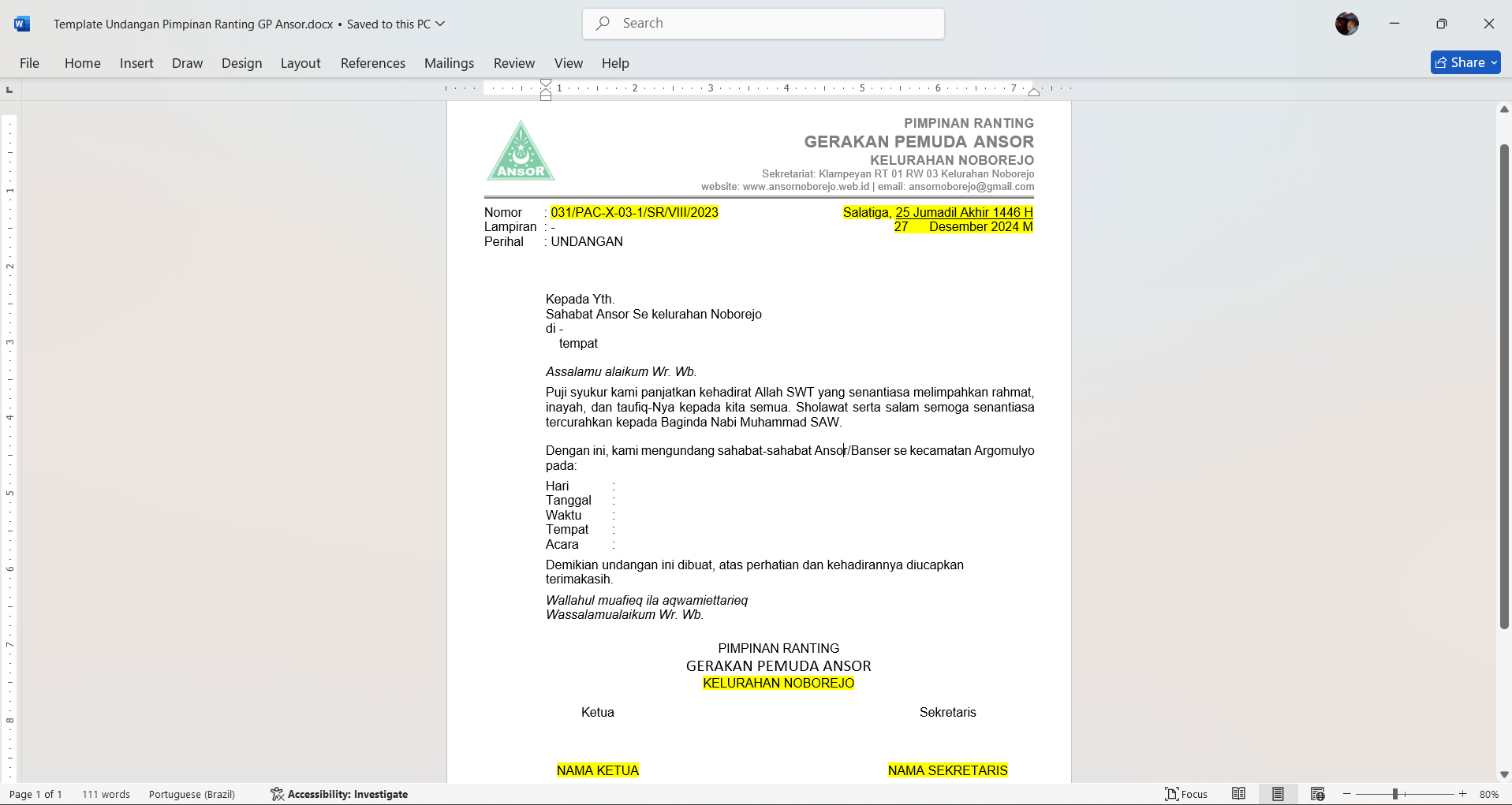 template surat undangan pimpinan ranting gp ansor